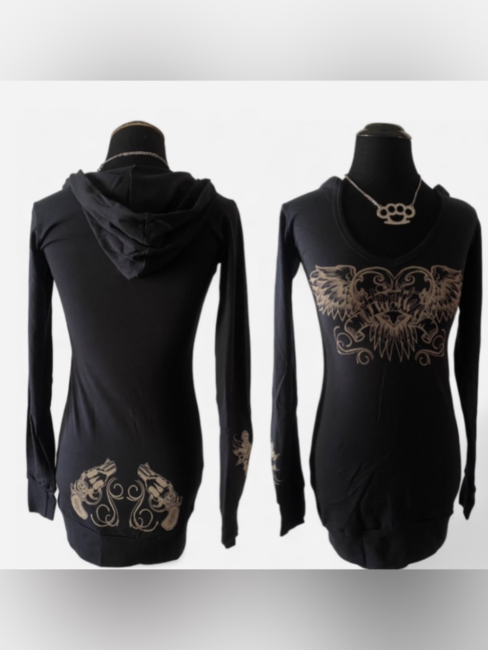 Deadstock NWT Hustler Black Longsleeve Hooded Micro Mini Dress Gun Design